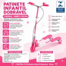 Patinete Infantil 3 Rodas Abre Fecha Rosa LED Guidão Ajustável Até 78cm Até 30kg 3 Anos