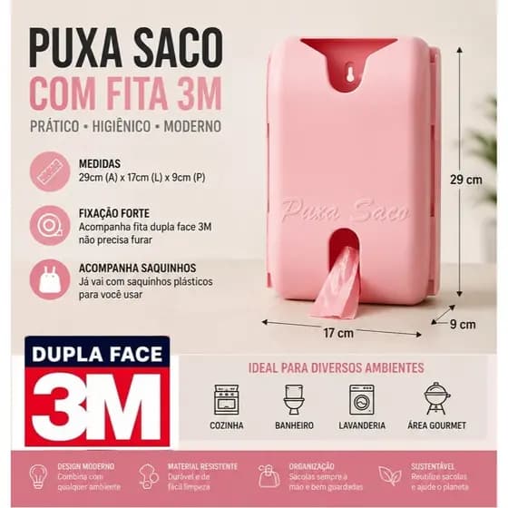 Puxa Saco / Dispenser para Parede Rosa Claro Fixação 3M