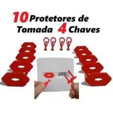 Kit 10 Protetores de Tomada Antichoque Vermelho 4 Chaves Segurança Bebê