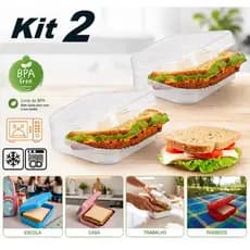 Kit 2 Sanduicheiras Plástico Porta Lanches  Rosa Azul Transparente Branco Vermelho - Livre BPA
