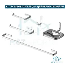 Kit Banheiro Acessórios 5 Peças Modelo Quadrado Metal Maciço 5 anos Garantia