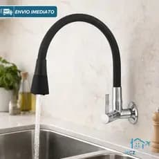 Torneira Gourmet Cozinha de Parede Preta Flexível Duplo Jato Cone 1/4 de Volta