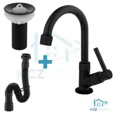 Kit de Banheiro Torneira Pia de Banheiro Preta ABS + Ralo Válvula click Valvula 7/8 + Sifão Preto Universal