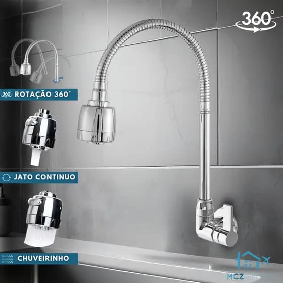 Torneira Gourmet para Cozinha Parede Mesa Pia Cano Flexível Inox 1/4 de volta