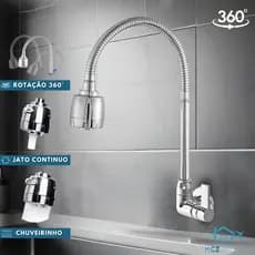 Torneira Gourmet para Cozinha Parede Mesa Pia Cano Flexível Inox 1/4 de volta