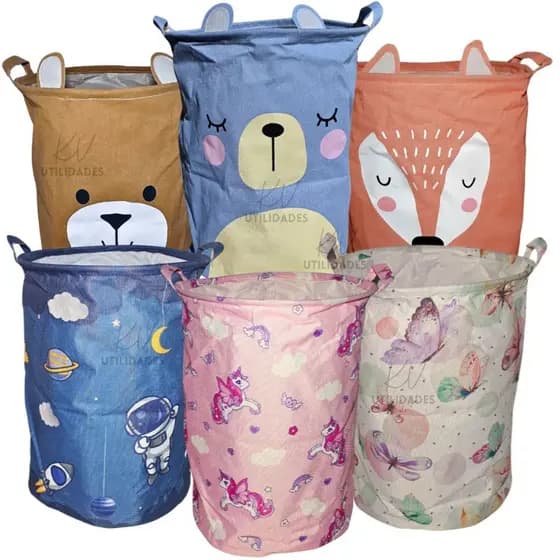 Cesto Organizador Infantil Dobrável Com Alça Impermeável Estampas Fofas Para Brinquedos e Roupas