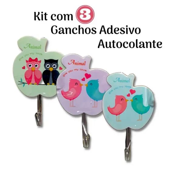 Kit 3 Ganchos Com Adesivo Autocolante Para Parede Desenhos De Bichinhos