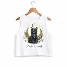 Cropped Feminino Gato Místico Lua | Camiseta Bruxa Espiritual estilo regata verão estampa personalizada