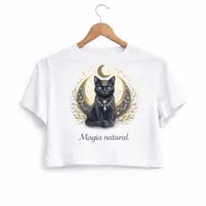 Cropped Feminino Gato Místico | Estampa personalizada Bruxa Espiritual Lua e Magia cropped camiseta