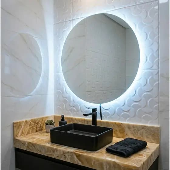 Espelho Redondo 70Cm X 70Cm Lapidado com LED À PILHA OU COM FONTE 12V Ambiente Moderno Decoração