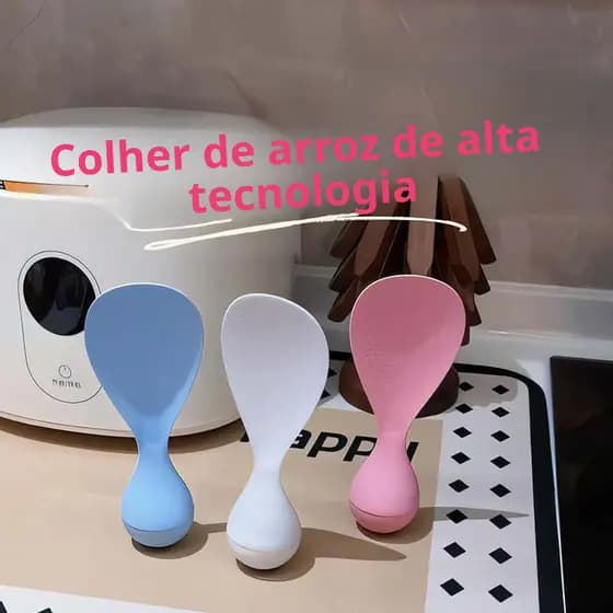 Colher de arroz antiaderente que fica em pé sozinha, resistente ao calor e fácil de limpar.
