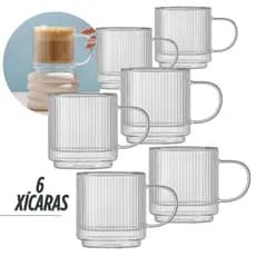 Conjunto 6 Xícaras 250 ml de Vidro Caneladas Canecas Multiuso Textura Canelado Café Lindas