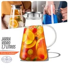 Jarra de Vidro 1,7L Borossilicato Transparente Tampa Inox Linha Mesa Posta Jarra de Suco Geladeira
