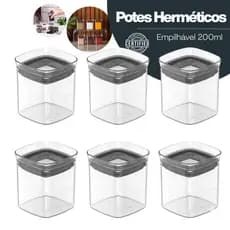 Kit 2 a 6 Potes Hermetico 200ml Acrilico Premium Cristal Tempero Organizador de Alimentos Vedação Empilhavel