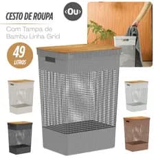 Cesto de Roupa Suja Grande Tampa Bambu Grid 49L  Com Tampa Cesto de Lavanderia Organizador OU