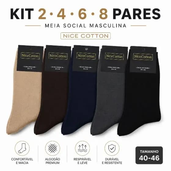 Meia Social Masculina Cano Longo Kit 2 4 6 8 Pares Confortável Trabalho Igreja Executivo 40 ao 46
