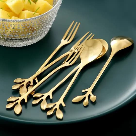 Kit jogo Conjunto De Colher Garfo Folha De Aço Inoxidável Talheres Ouro Para Café Sobremesa