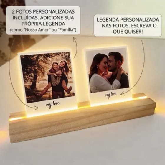 Porta Retrato Iluminado Personalizado LED com Foto Polaroid Base Madeira Presente Premium Base fotos