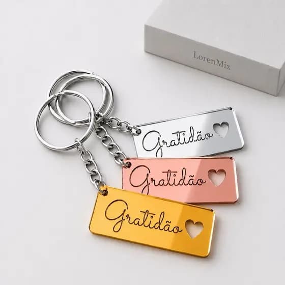 Kit Chaveiros Gratidão com Coração em Acrílico Espelhado Brinde e Lembrancinhas para Festas Eventos