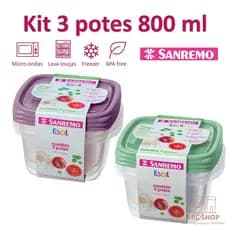 Kit Pote Hermético Freezer Micro-ondas Lava-louças BPA Free 3 Peças 800 ml Sanremo