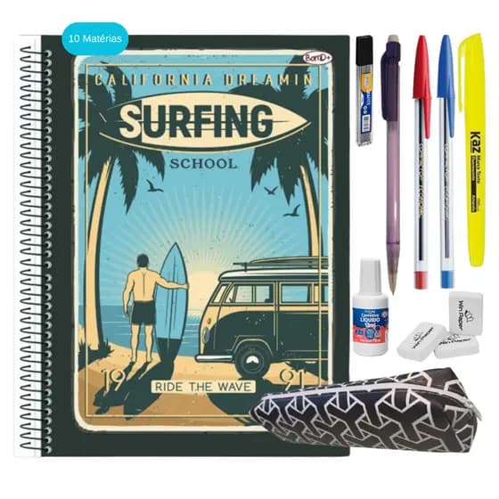 Material Escolar Universitário Caderno 10 Matérias + Kit com 9 itens