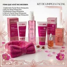 Kit Skincare Rosa Mosqueta 5 Itens Completo Sabonete Bruma Esfoliante Sérum e Faixa Dia Das Mães