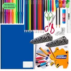 Kit Lista de Material Escolar Completo Caderno Brochura Capa Dura Canetinhas 2 Estojos Lápis de Cor