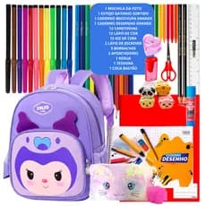 Mochila Com Kit Material Escolar 50 Itens Cadernos Estojo Lápis de Cor Canetinha Giz de Cera Régua