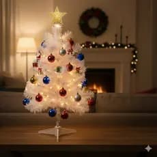 ARVORE NATAL 60CM BRANCA COMPLETA 50 GALHOS E PE PLASTICO COM ENFEITES E PISCA PISCA