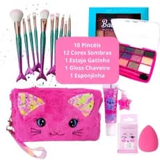 Kit Maquiagem Infantil 14 Itens 10 Pincéis 12 Cores de Sombras 1 Gloss 1 Espojinha 1 Estojo Gatinho Necessaire