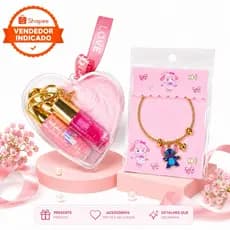 Kit Presente Feminino Infantil Chaveiro Coração Com Brilho Labial e Pulseira Delicada