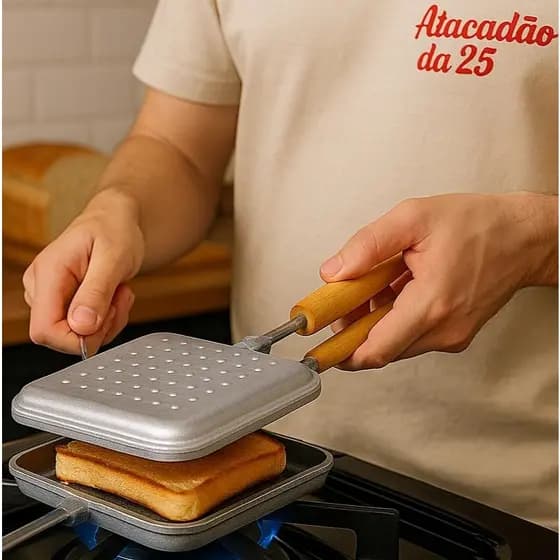 Sanduicheira Manual de Alumínio com Cabo de Madeira - Ideal para Fogão Tostex Tostequeira Misto Quente  Baurutex Misteir