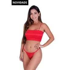 Conjunto Bia em Renda - Top com bojo e Tanga com ajuste lateral Preto | Vermelho | Odaslica