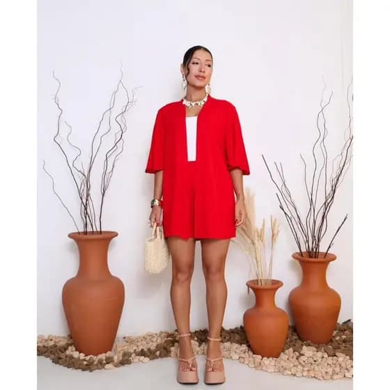 Conjunto Kimono Femenino 2 peças Short e Blusa manga curta tecido VISCOLINHO