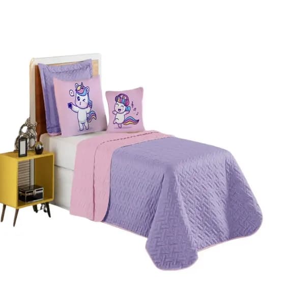 Kit Colcha Cobre Leito 5 Peças Solteiro Infantil Unicornio Selfie Lilas Dupla Face Matelado Rosa