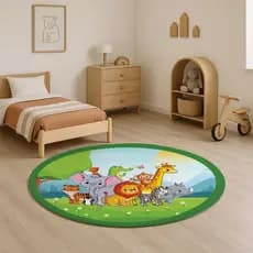 Tapete Tatame Antiderrapante Emborrachado Quarto Criança Bebe Menino Menina Safari Savana Verde Oval