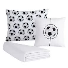 Jogo Lençol Solteiro 4 Peças Elastico Fronha Quarto Menino Criança Infantil Bola Futebol Branco Seda