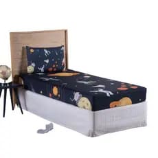 Jogo Lençol Roupa Cama Elastico Solteiro 2 Pçs Fronha Quarto Menino Criança Infantil Astronauta Azul