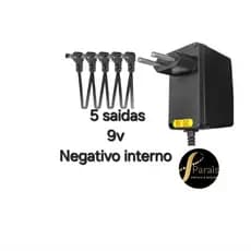 Fonte 9v com 5 saídas Para Pedal Pedaleira Bivolt negativo interno