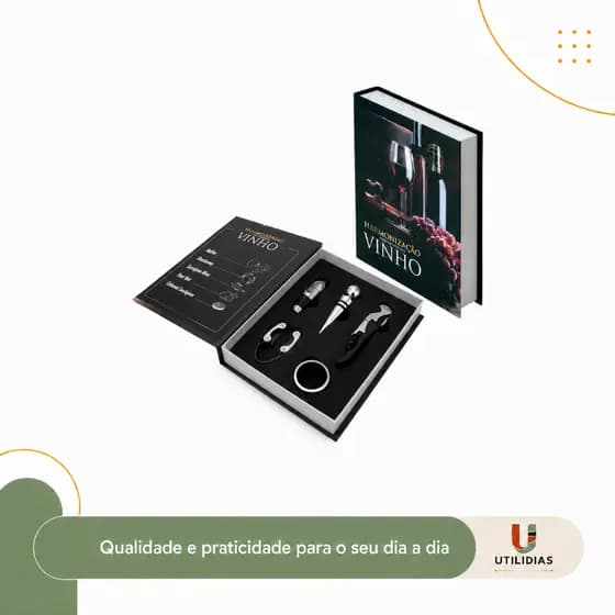 Kit Vinho 5 Peças em Formato de Livro – Abridor, Saca-Rolhas, Dosador e Tampa