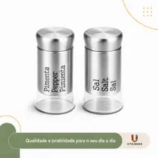 Kit Saleiro e Pimenteiro Mesa Cozinha Vidro e Aco Inox Moderno