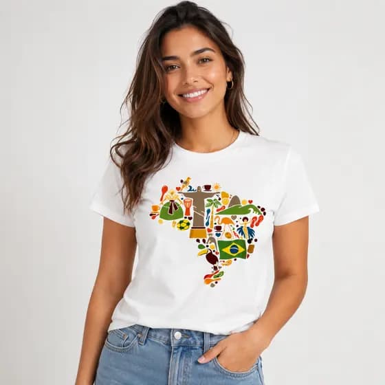 Camiseta Feminina Estampa Brasil Colorida Casual Confortável Manga Curta Copa 2026