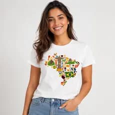 Camiseta Feminina Estampa Brasil Colorida Casual Confortável Manga Curta Copa 2026