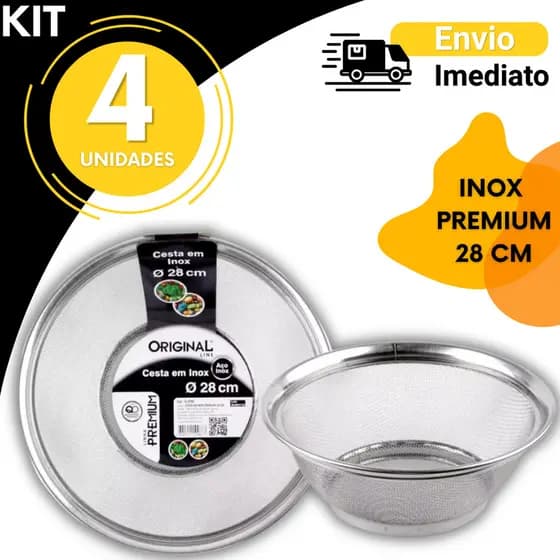 Cesta Cesto Escorredor Inox 28cm Multiuso 2 3 4 UN ou 1 UN Para Lavar Alimentos Frutas Legumes Arroz Massas Canjica