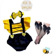 Romper Vestido Body Abelinha Abelha + Meia arrastão preta + Laço