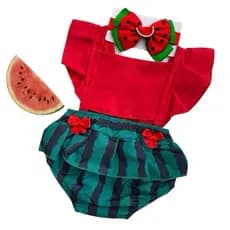 Romper Body Turbante Mesversario Melhores Tema Jardineira Melancia + Laço