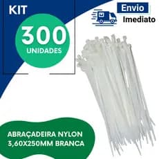 Abraçadeira de Nylon 3,6x250mm Branca Enforca Gato Reforçada Organizador Cabos Kit 100 200 300 Unidades