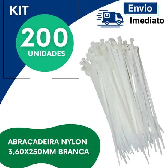Abraçadeira de Nylon 3,6x250mm Branca Enforca Gato Reforçada Organizador Cabos Kit 100 200 Unidades