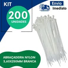 Abraçadeira de Nylon 3,6x250mm Branca Enforca Gato Reforçada Organizador Cabos Kit 100 200 Unidades