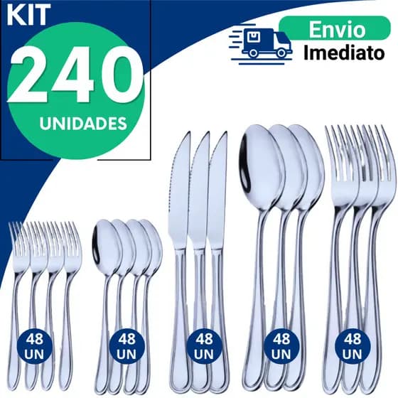 Jogo Completo Talheres Inox Mesa  Faca Colher Garfo e  Garfo e Colher  Sobremesa Kit 240 150 90 60 Peças Cozinha